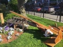 The toppled crucifix display at St. Athanasius